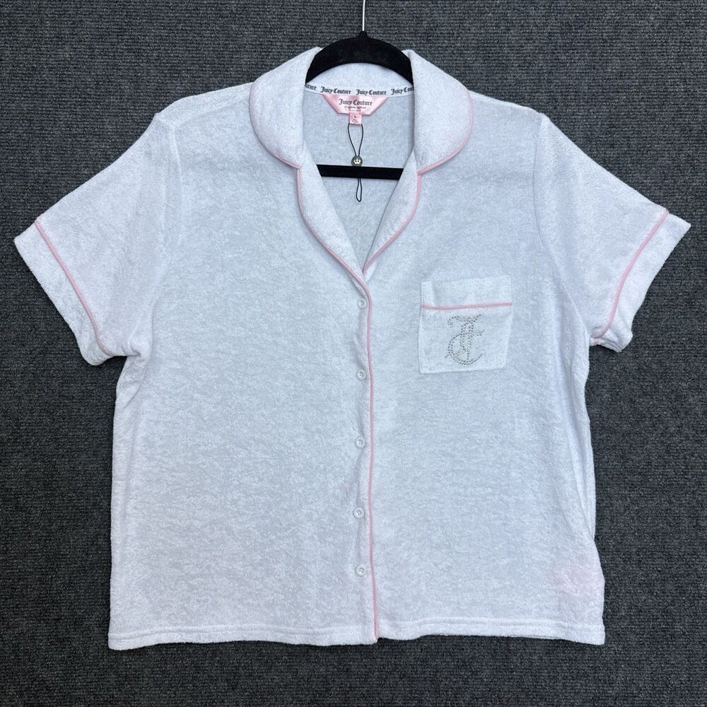 Juicy Couture Sleepwear Terry Cloth Top L White Preppy Rhinestone Logo Y2K